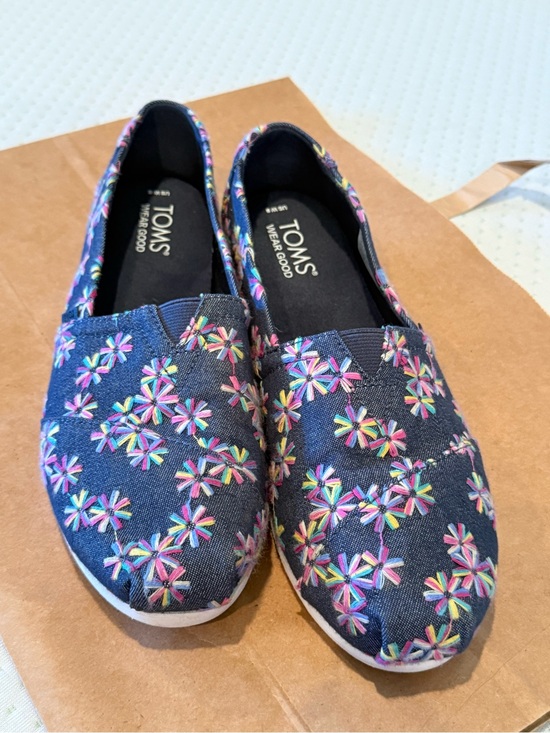 Toms Shoes - TOMS Navy Canvas Slip-Ons with Multicolor Floral Stitching